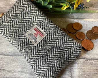 Harris Tweed Coin Purse. Grey White Hertingbone