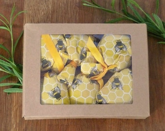 Lavender Bags  Boxed, Bee Theme fabric, 6 Lavender Bags