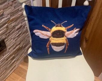 Navy Bee Velvet Cushion Cover: Handmade Decorative Pillow