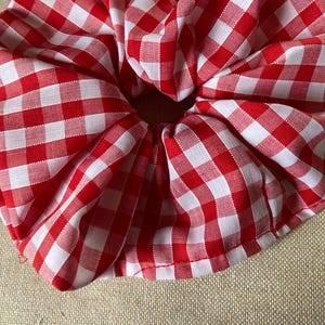 Könnte beinhalten: Ein roter und weißer Gingham-Haargummi. Der Haargummi ist aus Stoff und zu einem Kreis zusammengezogen.