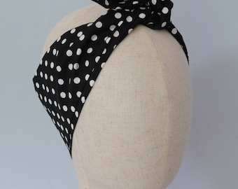 Foulard en coton fait main : ruban à nouer à pois noirs