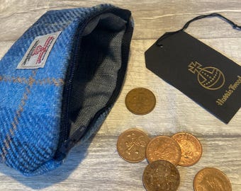 Harris Tweed Coin Purse. Blue Checked Tweed