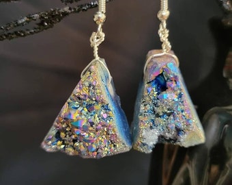Blue Iridescent Agate Chunk Earrings