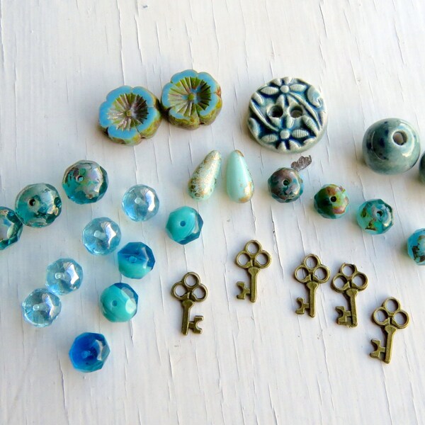 She Sells Seashells bead kit - Bo Hulley collaboration - ceramic beads, pressed glass beads, button, aqua beads, Bo Hulley