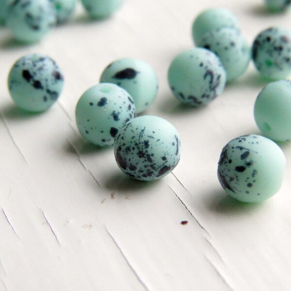 Robin's Eggs - 6mm matte aqua with navy speckles round druk beads (30), pale aqua round beads, czech glass beads