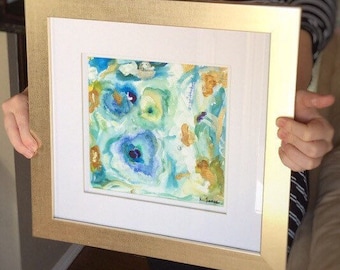 Abstract Acrylic Blue, Green, and Gold 8X8 Art