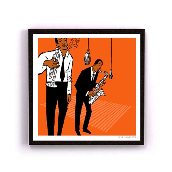 Enregistrement jazz, tirage, giclée, art mural, art jazz, orange et noir, trompette, saxophone, mur imprimé