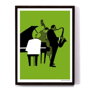 Jazz trio, art print, giclee print, wall art, jazz art, black and green, saxophone, wall print