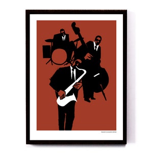 Jazz trio 2, art print, giclee print, wall art, jazz art, black and brown, saxophone, wall print