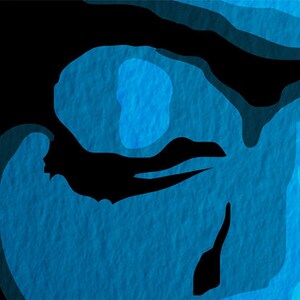 May include: Abstract digital art featuring a blue and black design with a textured, layered effect.