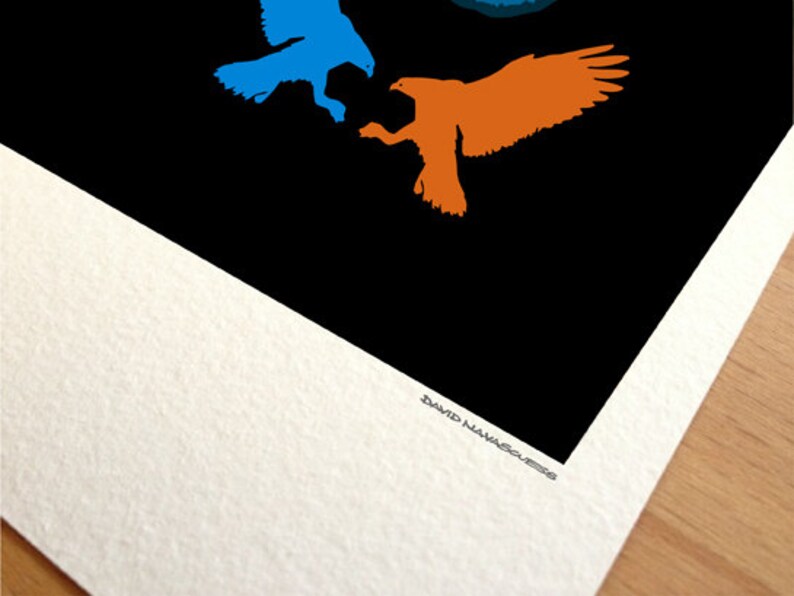 May include: A black and white print of two birds in flight. The bird on the left is blue and the bird on the right is orange. The print is signed "David Navasques".