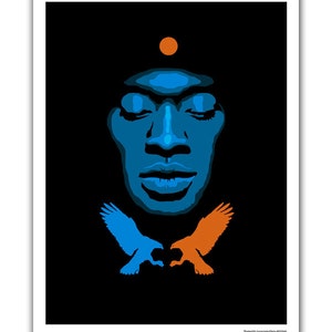 May include: A digital art print featuring a blue silhouette of a person's face with closed eyes and a small orange circle above the forehead. Two stylized blue and orange birds are facing each other below the face, with the text "DWAIN NAMAWOOD" at the bottom.