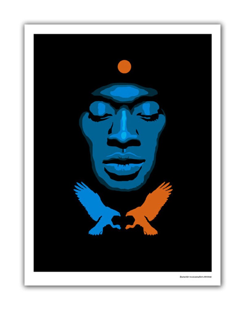 May include: A digital art print featuring a blue silhouette of a person's face with closed eyes and a small orange circle above the forehead. Two stylized blue and orange birds are facing each other below the face, with the text "DWAIN NAMAWOOD" at the bottom.