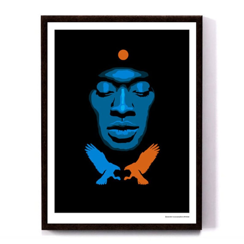 May include: A digital art print featuring a stylized portrait of a person with closed eyes, a blue face, and an orange circle above their head. Two stylized birds, one blue and one orange, are positioned below the face.