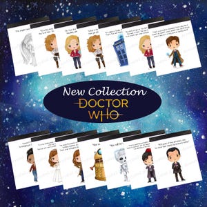 May include: A selection of square art prints showcasing characters and quotes from Doctor Who. Each print has a white background with colourful illustrations and text. The words "New Collection Doctor Who" are displayed in the centre.