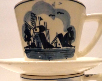 Pair of Blue Delft Tea Cups-Signed Delft Windmills