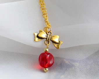 Gold Bow and Red Dangle Necklace