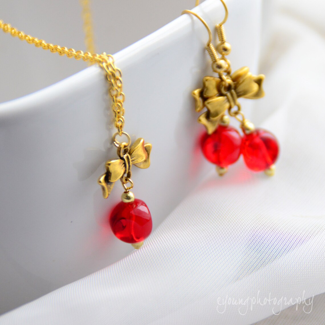 Gold Bow Red Dangle Earrings Hypoallergenic Gold Plated - Etsy