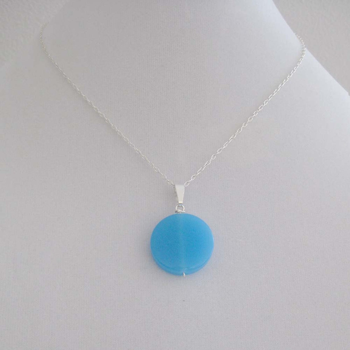 Bright Sky Blue Circle Pendant Necklace Etsy