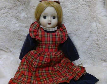 Vintage China Musical Doll in Tartan Plaid