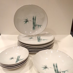 Silver-rimmed Asian Dish Set-6 Plates, 2 large serving bowls, 4 small bowls-Bamboo Design