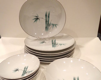 Silver-rimmed Asian Dish Set-6 Plates, 2 large serving bowls, 4 small bowls-Bamboo Design