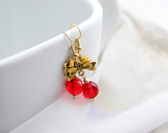 Gold Bow Red Dangle Earrings - Hypoallergenic Gold Plated Earwires!