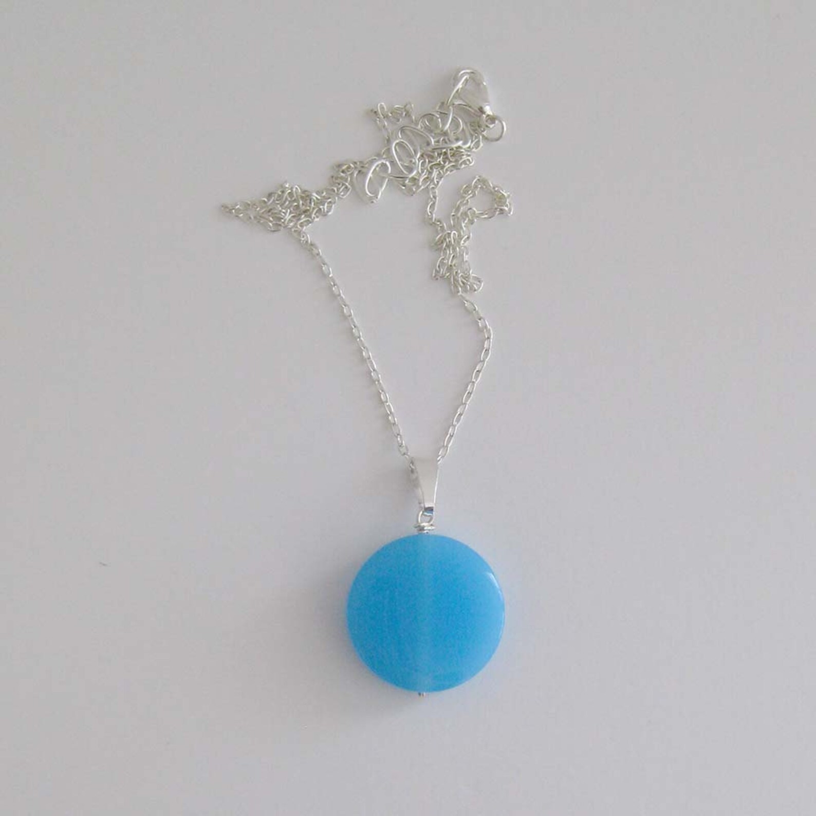 Bright Sky Blue Circle Pendant Necklace Etsy