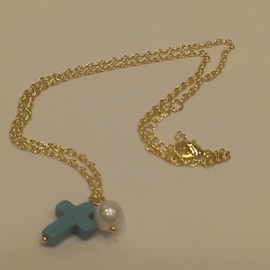 Turquoise cross and pearl necklace-Silver or Gold