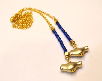 Gold and Blue Bird Lariat Necklace