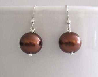 Chocolate Brown Pearl Dangle Pierced Earrings