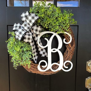 Eucalyptus Front Door Wreath with Monogram – Year Round Farmhouse Decor, Personalized Boxwood Wreath, Outdoor Porch Decor