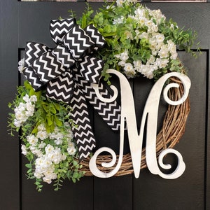 Farmhouse Grapevine Wreath: Eucalyptus & Cream Flowers, Monogram Door Hanger