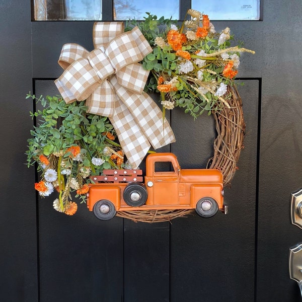 Front Door Wreath ~ Front Door Decor Vintage Truck Farmhouse Wreath Buffalo Plaid Greenery Eucalyptus Boxwood Fall Wreath  Summer