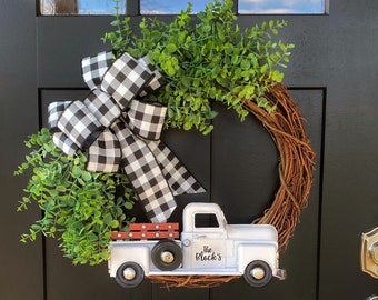 Wreath for front door ~ Truck Wreath Front Door Decor Eucalyptus Boxwood Buffalo Plaid Year round Custom family name personalized