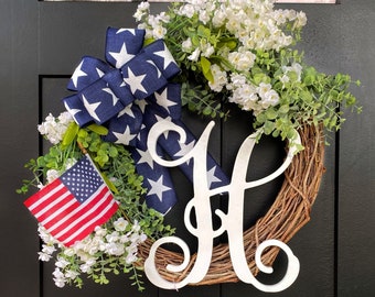 Patriotic Wreath ~ July 4th Front Door Wreath Flag Wreath Monogram Wreath USA America Star Stripes Decor Memorial Day Wreath Summer Initial