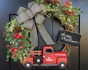 Red Truck Christmas Wreath ~ Holiday Wreath Red Berry Pine Wreath Farmhouse Christmas Wreath Front Door Wreath Rustic Wreath