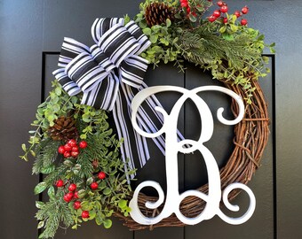 Christmas Wreath ~ Red Berry Pine Monogram Front Door Wreath Holiday Decor Winter Wreath Farmhouse Christmas Decor Door Hanger