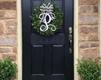 Boxwood Wreath ~ Year Round Front Door Wreath Personalized Monogram Initial Outdoor Wreath Door Hanger Front Door Decor