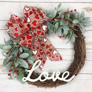 Valentine’s Day Wreath ~ Front Door Wreath Lambs Ear Wreath Farmhouse Red Heart Decor Monogram Love  Berry Valentine’s Day Decor