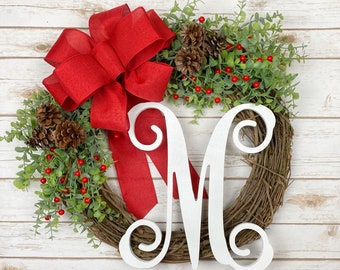 Holiday Wreath ~ Front Door Wreath Christmas Wreath Monogram Initial Wreath Eucalyptus Red Berry Wreath Holiday Decor Outdoor