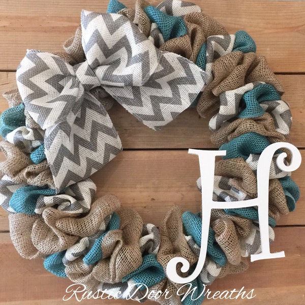 Front Door Wreath | Spring Wreath | Turquoise Wreath | Wreath for Front Door | Rustic Wreath | Burlap Wreath | Wreath with Initial