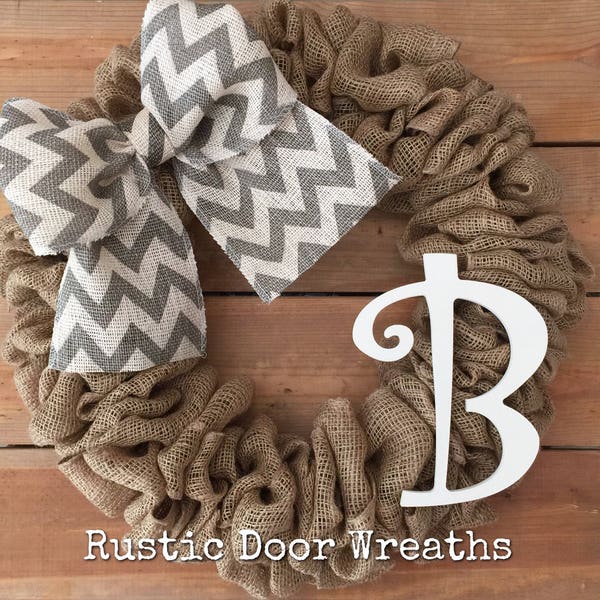 Monogram Initial B Burlap Wreath / Front Door Wreath / Rustic Wedding Decor Gift / Rustic Wreath / Front Door Initial B Hanger