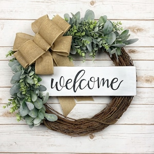 Wreath for front door ~ Lambs Ear Wreath Eucalyptus Front Door Decor Farmhouse Monogram Initial Housewarming Hanger Gift Outdoor Wreath
