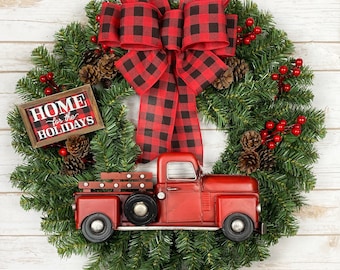 Christmas Wreath ~ Front Door Wreath Buffalo Plaid Merry Christmas Wreath Holiday Red Truck Red Berry Farmhouse Rustic Door Decor Pinecone