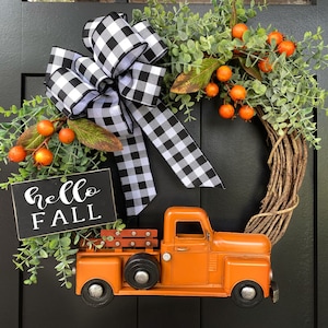 Fall Wreath ~ Truck Wreath Wreath for Front Door Hello Fall Sign Fall Decor Orange Berry Eucalyptus Wreath