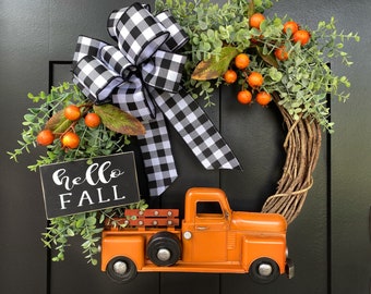 Fall Wreath ~ Truck Wreath Wreath for Front Door Hello Fall Sign Fall Decor Orange Berry Eucalyptus Wreath