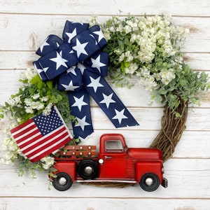 Patriotic Wreath ~ July 4th Front Door Wreath Flag Wreath Red Truck Wreath Farmhouse USA America Star Stripes Decor Memorial Day Summer