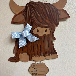 Highland Cow birth announcement hospital door hanger