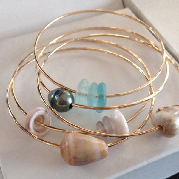 Treasure Set of 5 Bangles - Tahitian Pearl Bangle, Hawaii Shell Bangles, Sea Glass Bangles, Sterling Silver Bangles, Goldfill Bangles